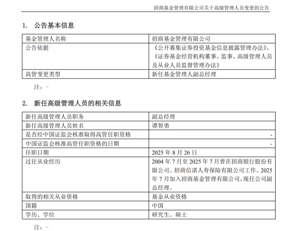好牛配资 招商基金再迎新将：副总经理正式履新